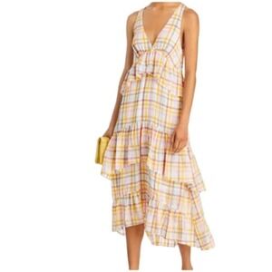 Cinq a Sept Midi Dress Plaid V Neck Size 4 Retails $465 Beach Garden Party